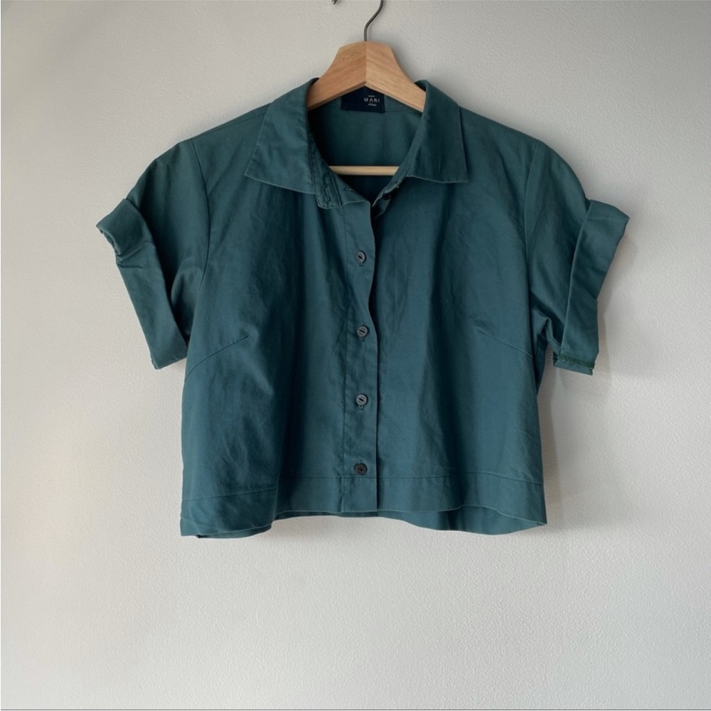MANI Bleu - Teal Blue Boxy Crop Button Down Shirt